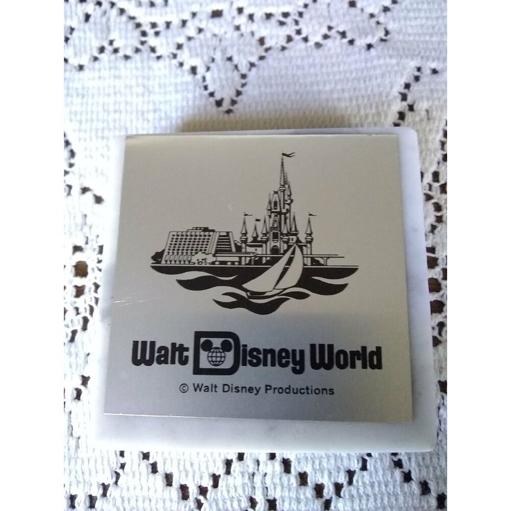 Vintage metal Walt Disney world logo on marble square paperweight 2.5"
